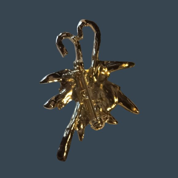 Christmas Candy Cane Pin Brooch Holly Berry Vintage Holiday Jewelry Gold Enamel - Picture 5 of 5